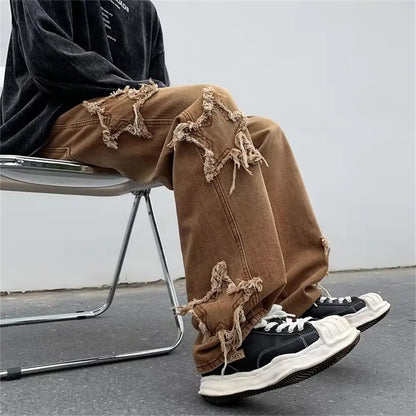 2022 New Fashion Stars Towel Embroidery Brown Baggy Men Jeans Pants