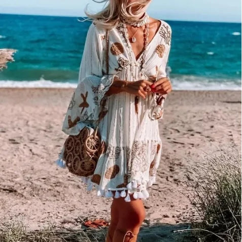 Long Sleeve V-Neck Bohemian Dress