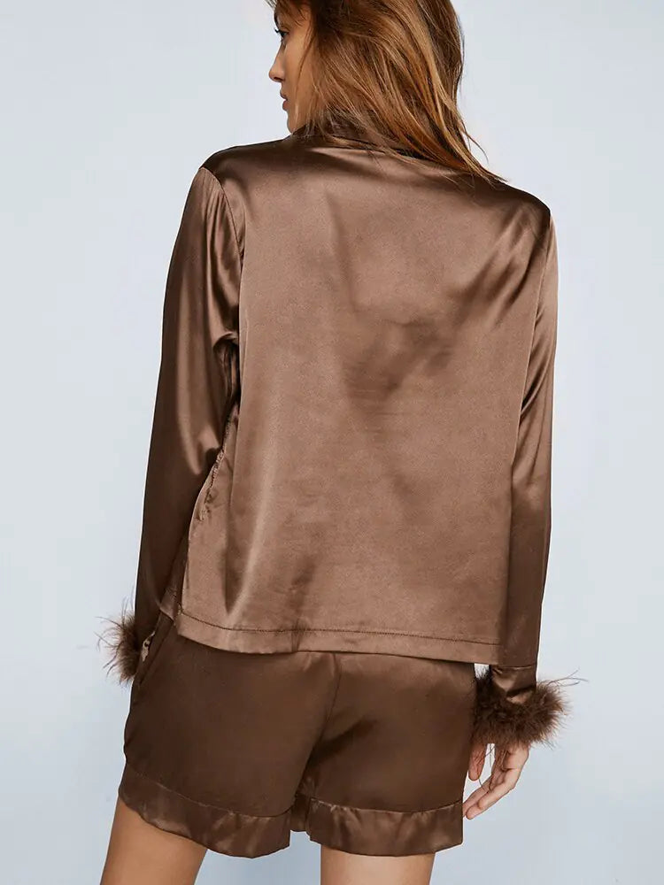 Linad Feathers Pajamas For Women 2 Piece Sets Brown Long Sleeve