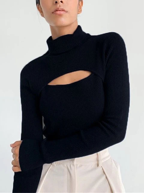 Black T Shirts Knitted Long Sleeve Crop Top