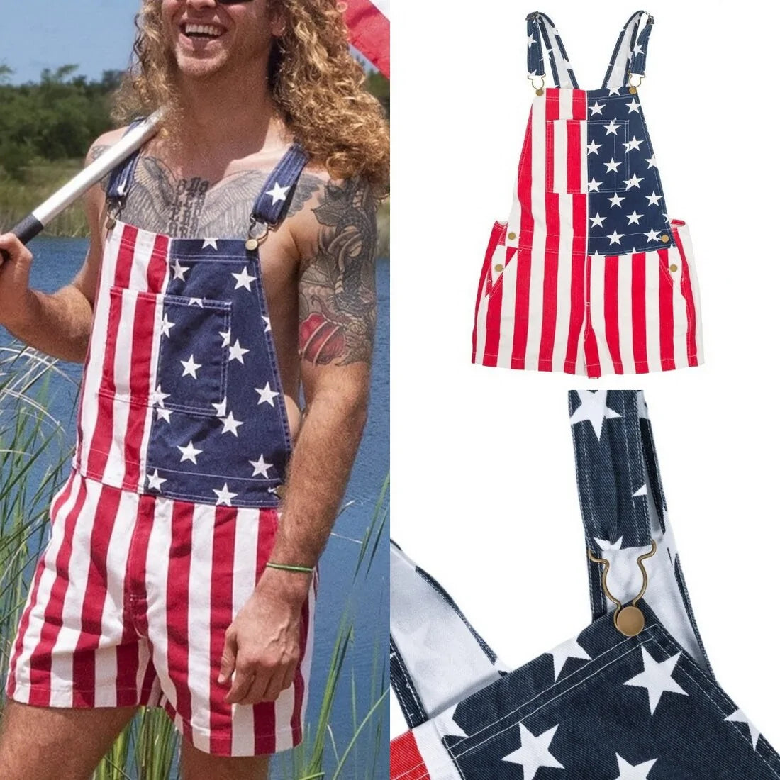 American Flag Overalls Shorts