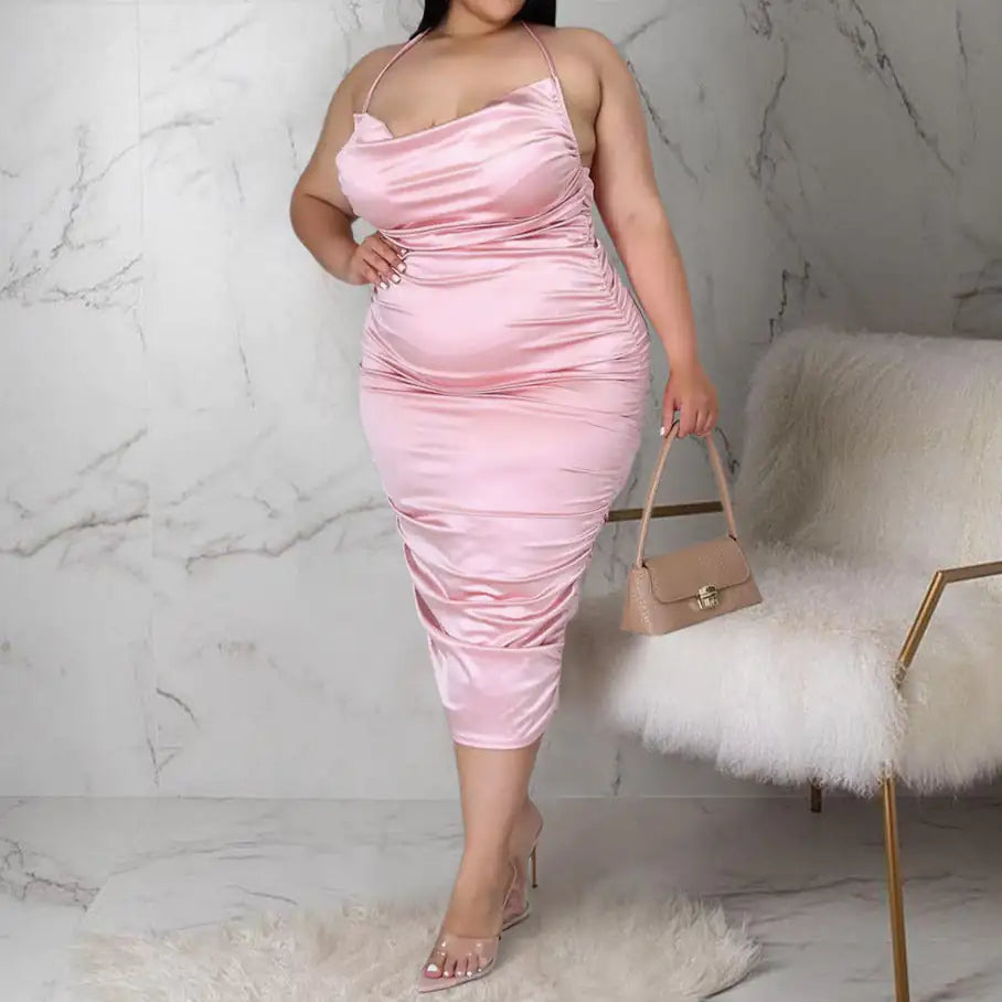 Plus Size Sleeveless Draped Satin Midi Dress