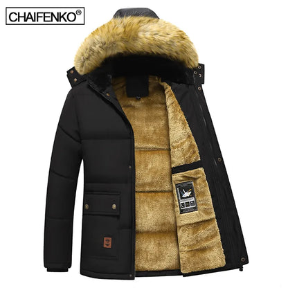 Windproof Fleece Thick Jacket Coat Men Fashion Hooded Fur Collar