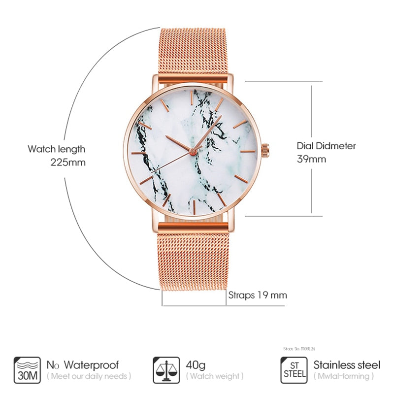 Rose Gold Mesh Band Marble Luxury Watch