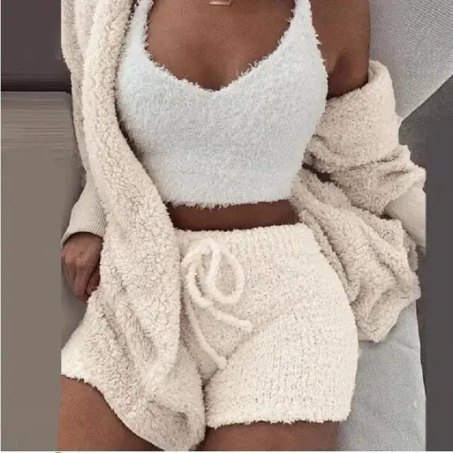 Fluffy Pajamas Women Casual Sleepwear Tank Top and Shorts