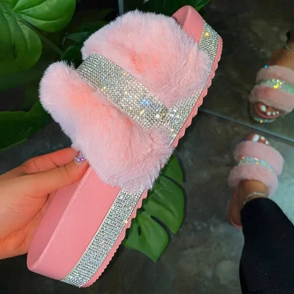 Luxury Designer Women Fur Rhinestone Slippers