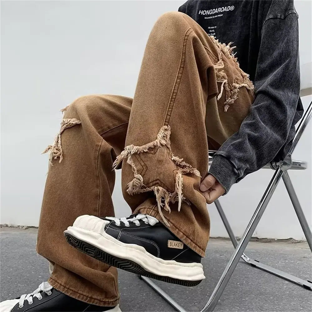 2022 New Fashion Stars Towel Embroidery Brown Baggy Men Jeans Pants