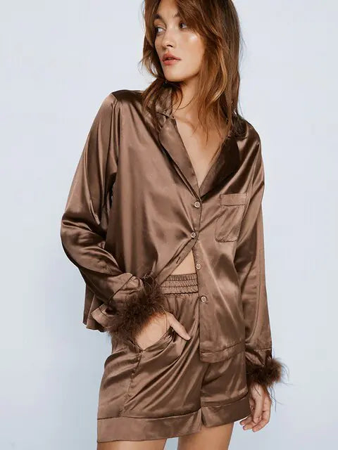 Linad Feathers Pajamas For Women 2 Piece Sets Brown Long Sleeve