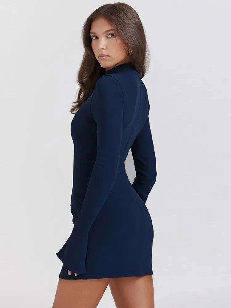 Elegant High Waist Dark Blue Mini Dress