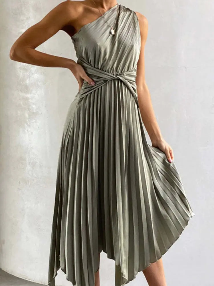 Chic Satin One Shoulder Party Midi Dress