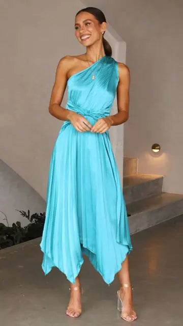 Chic Satin One Shoulder Party Midi Dress