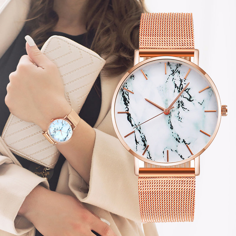 Rose Gold Mesh Band Marble Luxury Watch